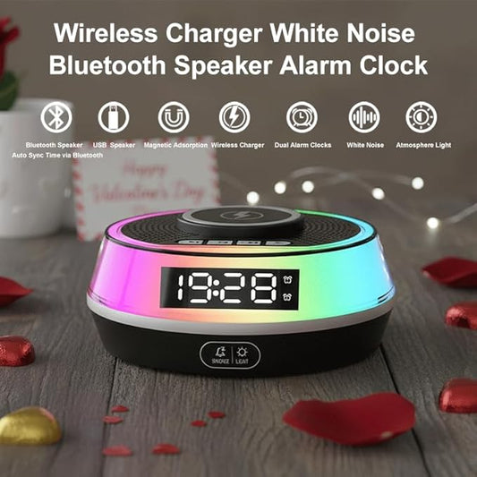 Wireless Charger Alarm Clock for Bedroom, 5W Bluetooth Speaker, 12 Soothing Sounds Machine, Dual Alarms, RGB Light, Ideal Gift for Heavy Sleepers, Adults, Teens, Kids, Senior(Black)