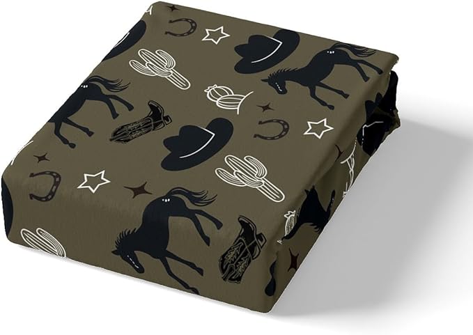 Western Cowboy Bed Sheet Set Retro Horseshoe Tribal Horse Boots Graffiti Fitted Sheet for Ultra Soft Desert Cactus Rustic Famhouse Dark Green Bedding Cover Set Queen Size(No Flat Sheet)