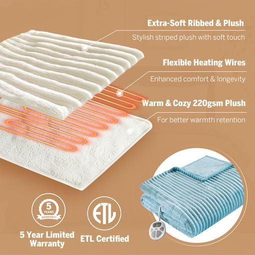 Serta Electric Blanket, Soft, Ribbed, Plush Heating Blanket Twin for Office, Couch, 1-12 hr Auto Shut Off Timer, 10 Lv Heating, ETL Certified, Twin 62"x84" Sky Blue