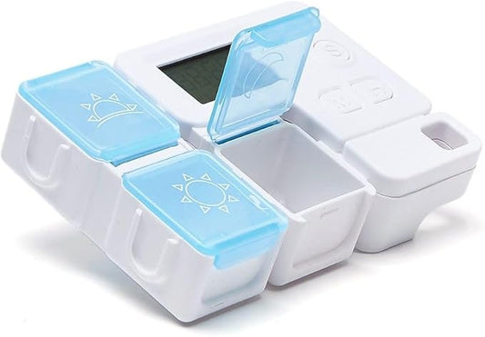 Automatic Pill Dispenser with Built-in Digital Clock & Reminder System Portable 7-Compartment Medicine Organizer with Flexible Design (Blue, 5Compartments)