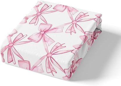 Pink Bowknot Fitted Sheet,Watercolor Bow-tie Princess Style Paint Sheet Set for Adults Ultra Soft Room Gift,Dreamy Bow Crossed Grids Lines Pink White Bedding Set with 2 Pillowcases,Queen Size