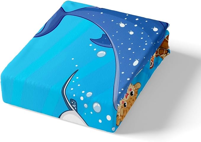 Marine Animals Sheet Queen,Shark Octopus Turtle Coral Bedding Set for Kids Teens Adults,Underwater World Cartoon Sea Blue Bed Sheet 4pcs(Deep Pocket Fitted Sheet + Flat Sheet + 2 Pillowcases)