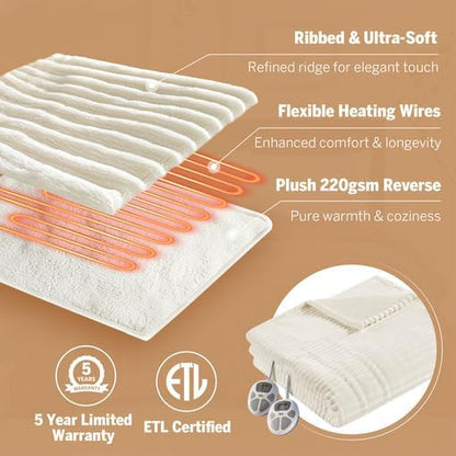 Serta Electric Blanket, Soft, Ribbed, Plush Heating Blanket Queen for Office, Couch, 1-12 hr Auto Shut Off Timer, 10 Lv Heating, ETL Certified, Queen 84"x90" Marshmallow