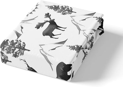 Rustic Bear Deer Kids Fitted Sheet Full Size,Pine Trees Mountain Animals Rustic Farmhouse Bedding Set,Boys Girls Room Decor,Hunting Adventure Camper Bed Cover,RV Bed Sheet,2 Pillowcases