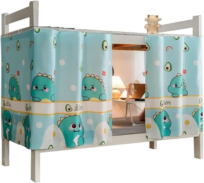 Bottom Bunk Bed Curtains Sheer Privacy Cloth Underbed Curtains for Low Loft Bed Twin, 2 Panels, Light Blue Dinosaur