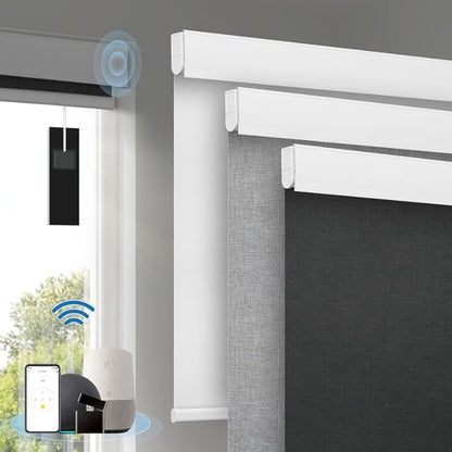 Motorized Blinds with Remote, [Free Solar Panels] Cordless Smart Blinds with Valance Cover, Blackout Electric Blinds with Remote Control, Automatic Roller Shades for Windows Light Black 48" W x 72" H