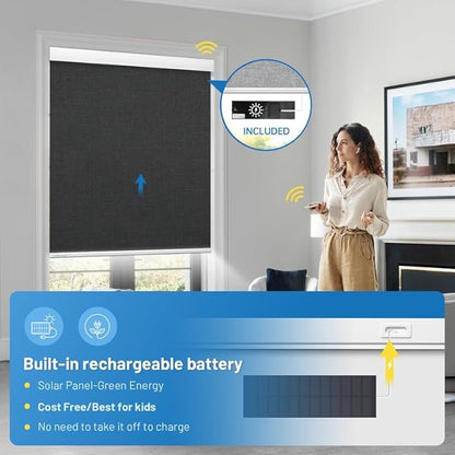 Motorized Blinds with Remote, [Free Solar Panels] Cordless Smart Blinds with Valance Cover, Blackout Electric Blinds with Remote Control, Automatic Roller Shades for Windows Light Black 20" W x 72" H