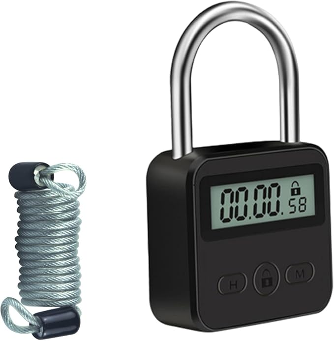 Combination Lock,Metal Timer Lock,USB Rechargeable Time Timer Padlock with 1m Spring Rope,99 Hours Max Timing Self-Discipline Anti-Addiction Timed Padlock (Black)