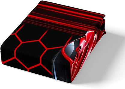 Red Sports Car Bedding Set Twin Size Neon Lines Honeycomb Geometric Bed Set for Teens Bedroom Decor Kids Sheet Microfiber Racing Car Bed Cover(1 Fitted Sheet+1 Pillow Case)