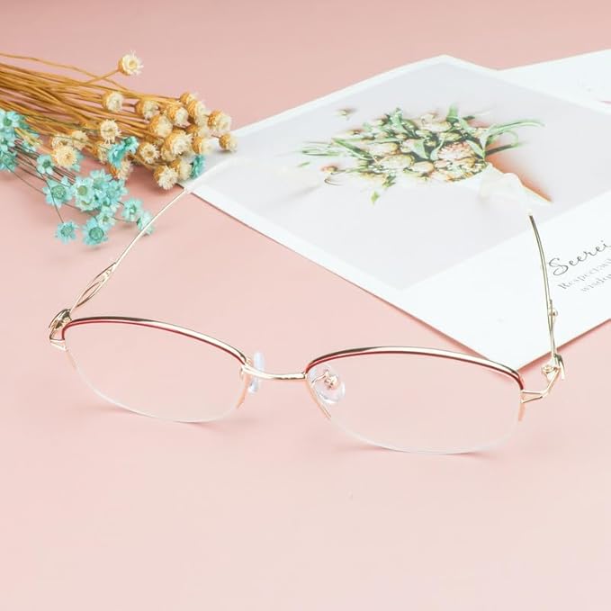 LifeArt Alloy Semi-Rimless Reading Glasses,Blue Light Blocking Glasses, Anti Eyestrain, Computer Gaming Glasses, TV Glasses for Women Men, Anti Glare (Golden, +3.00 Magnification)