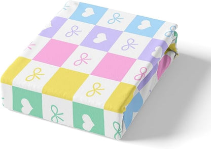 Princess Bowknot Fitted Sheet Queen Size,Colorful Plaids Grids Patchwork Soft Bed Cover(1 Fitted Sheet+1 Pillow Case),Dreamy Bow-tie Love Hearts Cartoon Kawaii Breathable Mattress Cover