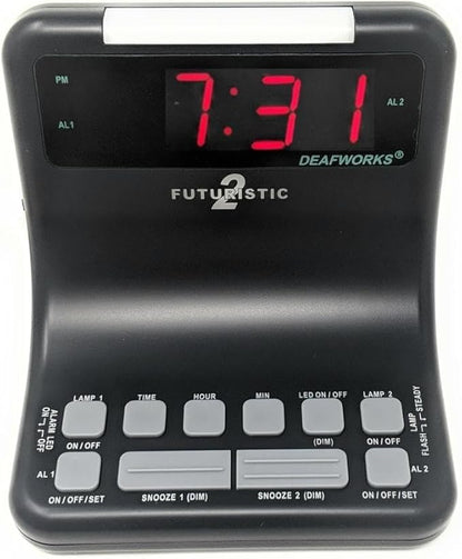 Futuristic 2 Silent Alarm Clock with Bright Flashing LED Lights for Deaf, Hard of Hearing, Heavy Sleepers | Dual Alarms, Built-in USB Chargers | Wake Up Gently