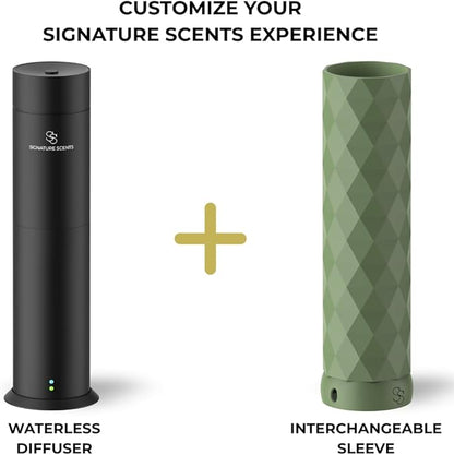 Waterless Essential Oil Hotel Scent Diffuser - Cold Air Diffuser - Covers 1000 sq. ft. - Waterless Diffuser for Home, Office & Hotel (Black + Interchangeable Sleeve) (Black + Matte Green Sleeve)