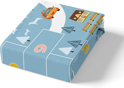 Rertro Blue Farmhouse Fitted Sheet Queen Size,Cartoon House Building City Trees Bedding All-Round Elastic Pocket,Digital Graffiti Boys Teens Bed Sheet 3 Pieces Fits Mattress(No Flat Sheet)