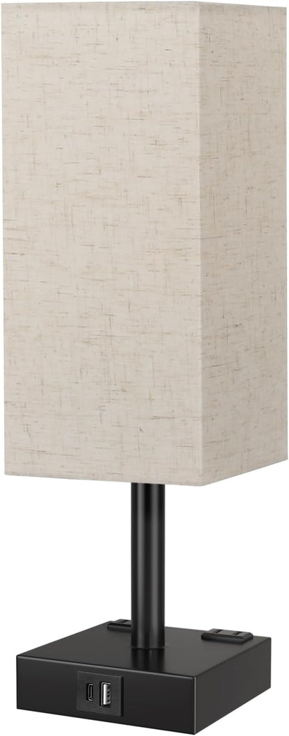 Touch Bedside Table Lamp for Nightstand - 3-Way Dimmable Night Lamp with USB A + Type C Charging Ports and Two AC Outlets, Small Desk Light with E26 LED Bulb for Bedroom Living Room Dorm, Beige