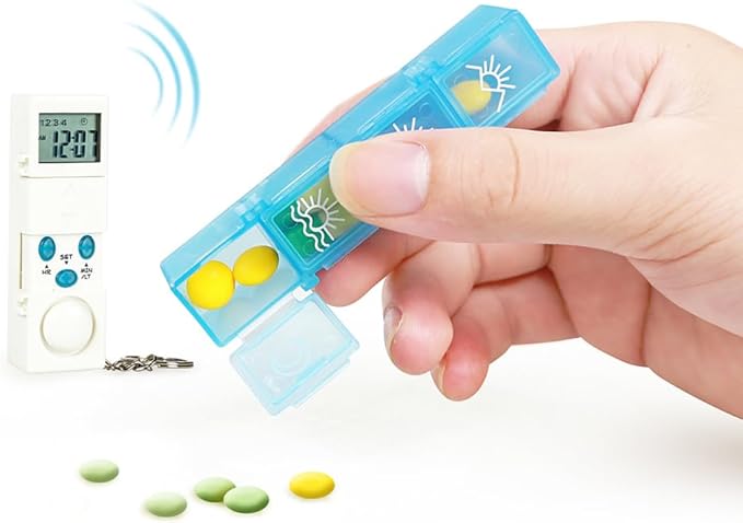 7 Day Timed Medicine Box with Alarm Reminder 28 Grids Compartments Removable Timer Backlight Weekly Pill Organizer for Vitamins and Pills 7.48 * 4.13 * 0.98inch