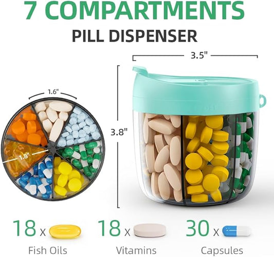 PULIV Portable Pill Dispenser Bottle, Vitamin Organizer with 7 Compartments, Holds Plenty of Supplements with Anti-Mixing & Wide Openings Design, Easy to Retrieve Meds, Includes 20 Labels Cyan