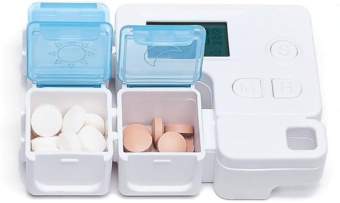 Automatic Pill Dispenser with Built-in Digital Clock & Reminder System Portable 7-Compartment Medicine Organizer with Flexible Design (Blue, 3Compartments)
