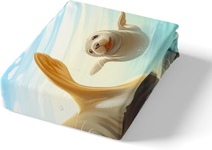 Cute Seal Kids Fitted Sheet Full Size,Sea Lion Ocean Animals Theme Bedding Set,Boys Girls Room Decor,Underwater World Marine Creature Sealife Bed Cover,Blue Grey Bed Sheet,2 Pillowcases