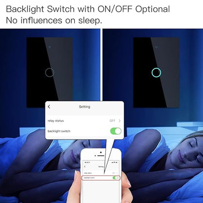 MOES Touch Wall Single Live Wire Smart Switch，No Neutral Wire Needed, 2.4GHz WiFi RF433 Light Switch Works with Smart Life/Tuya App, Alexa and Google Home, Single Pole 110V, Black 1 Gang
