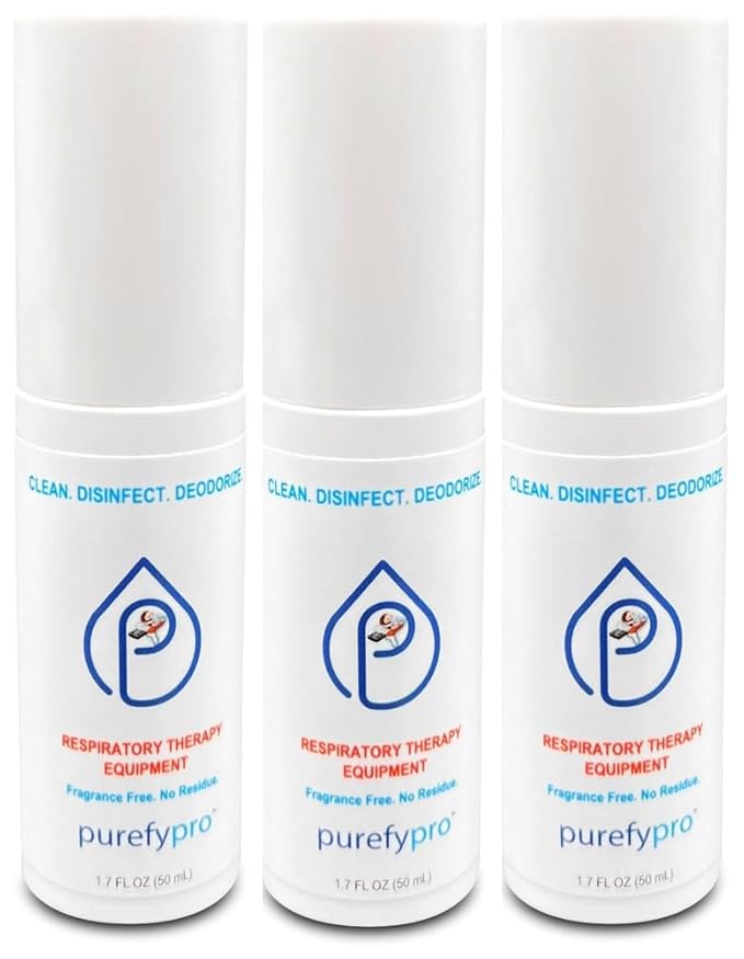 PUREFY Purefypro CPAP Cleaner and Sanitizer Spray (1.7oz, 3pk). TSA Travel Size. No Rinse. No Residue. Kills 99.9999% Norovirus, Flu Virus, and Fungi, Drug Resistant Germs. Unscented.