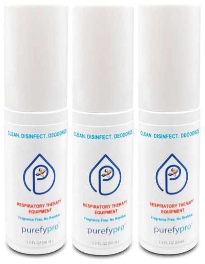 PUREFY Purefypro CPAP Cleaner and Sanitizer Spray (1.7oz, 3pk). TSA Travel Size. No Rinse. No Residue. Kills 99.9999% Norovirus, Flu Virus, and Fungi, Drug Resistant Germs. Unscented.