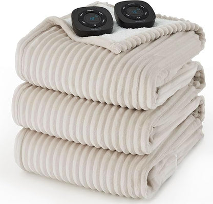 Bedsure GentleSoft Electric Blanket Queen Size - Soft Ribbed Flannel Heated Blanket with Dual Control, Heating with 10 Heat Settings & 10 Time Settings, 8 hrs Timer Auto Shut Off (84x90 inches, Cream)
