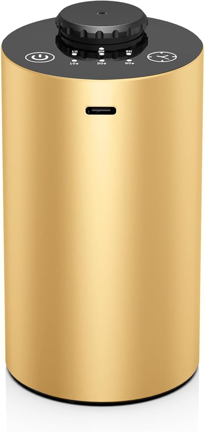 Waterless Essential Oil Diffuser Battery Operated Cordless Aromatherapy Diffuser with Timing & 3 Mist Levels car Diffuser，Black Aluminum Alloy (Gold)