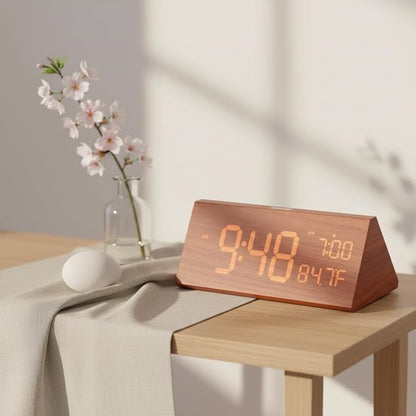 OhM-ega Wooden Digital Alarm Clock, Electric Clocks with Dual USB Port, Large Numbers, Temperature Display, Brightness Dimmer, Sound-Activated Display, Snooze, 12/24H, Brown