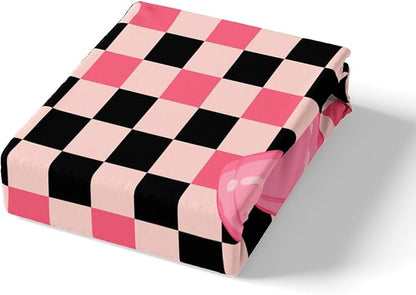 Cartoon Bowknot Bed Cover(1 Fitted Sheet+1 Pillow Case),Kawaii Bow-tie Princess Style Bedding Set,Pink Black Cute Bow Geometric Grids Lines Patchwork Bed Sheet Set,3Pcs Full Size