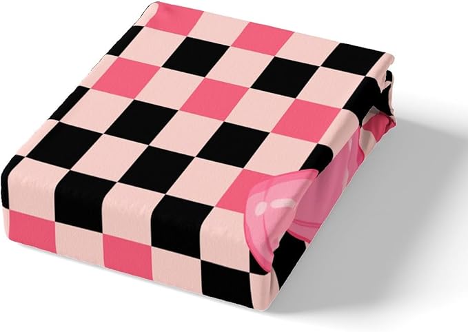 Cartoon Bowknot Bed Sheet Set Kawaii Bow-tie Princess Style Fitted Sheet for Ultra Soft Pink Black Cute Bow Geometric Grids Lines Patchwork Bedding Cover Set Room Decor Queen (No Flat Sheet)
