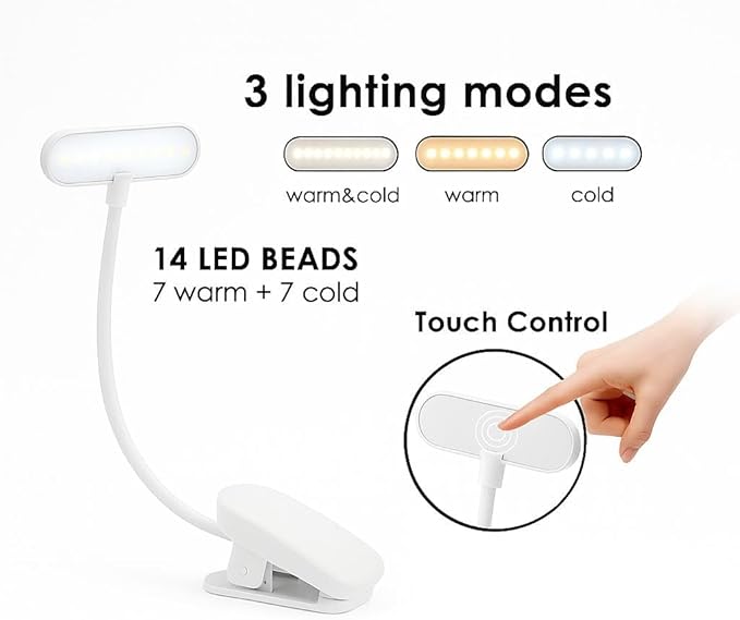 Rechargeable Book Light for Reading in Bed – 14 LED Book Light with 3 Color Temperatures, Stepless Dimming, Up to 80 Hours Runtime, 360° Rotatable Clip – Perfect for Book Lovers, White