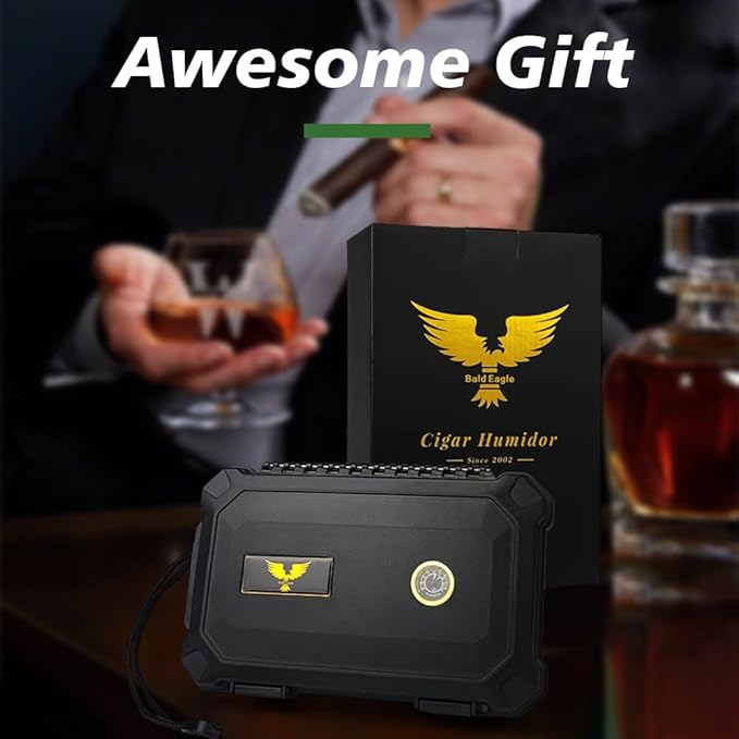 Bald Eagle Cigar Humidor Box, Travel Humidor with Humidifier Hygrometer, Portable Case for 5 Cigars, Waterproof | Crushproof | Airtight
