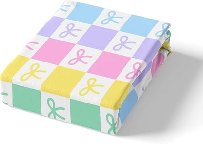 Cartoon Bowknot Kids Fitted Sheet Twin Size,Colorful Geometric Grids Plaids Bedding Set,Girls Women Room Decor,Cute Bow Tie Princess Dreamy Bed Cover,Simple Bed Sheet,1 Pillowcase(No Flat Sheet)