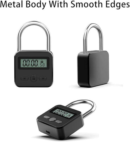 Metal Timer Lock, LCD Display Multi-Function Electronic Time, 99 Hours Max Timing, USB Rechargeable Timer Padlock (Black)