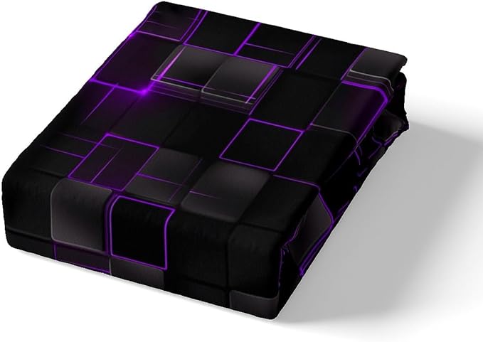 Manfei Geometric Sheet Set King Size, Abstract Square Grid Print Bedding Set for Kids Boys Girls Adults, Purple and Black Bed Sheet Set 4pcs with Deep Pocket Fitted Sheet + Flat Sheet + 2 Pillowcases