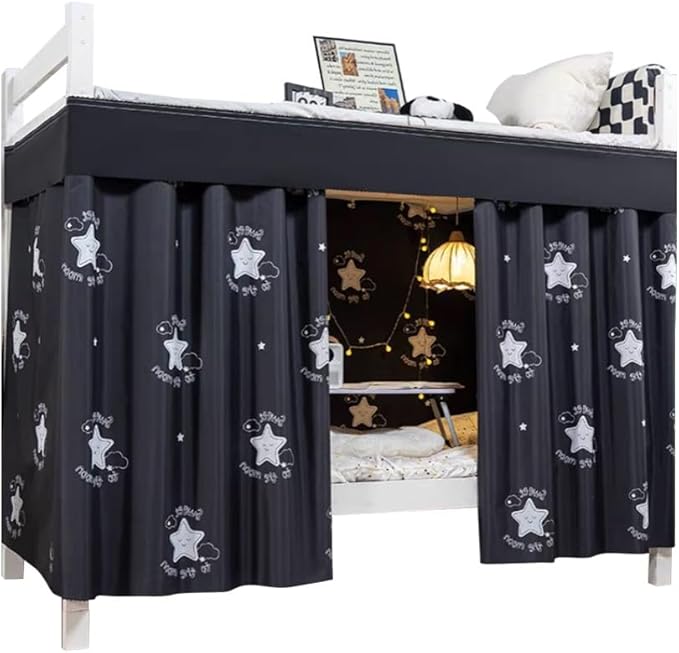 Cute Opaque Bottom Bunk Bed Curtains Privacy Cloth Underbed Curtains for Boys Girls 2 Panels 100% Blackout, Black Star