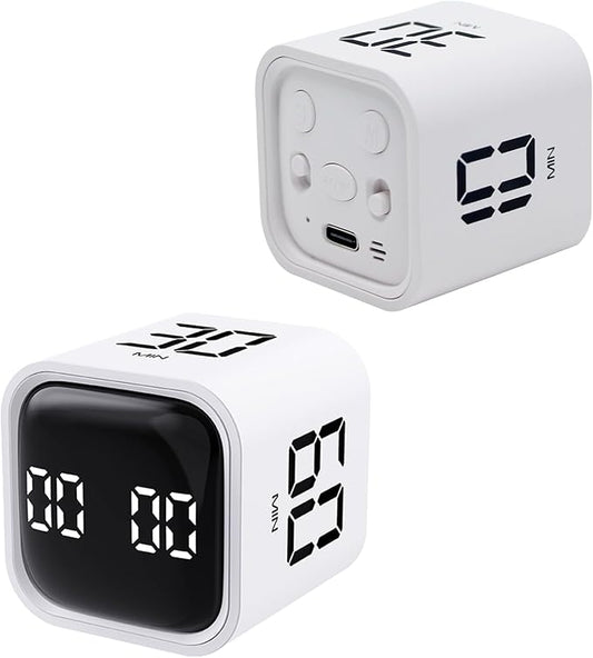Productivity Timer Flip Gravity Sensor Cube Timer Countdown & Countup,Mute & Vibrate & Sound，5/10/30/60min & Custom Timing, Perfect for ADHD,Work,Learning,Kitchen Cooking (2 White)