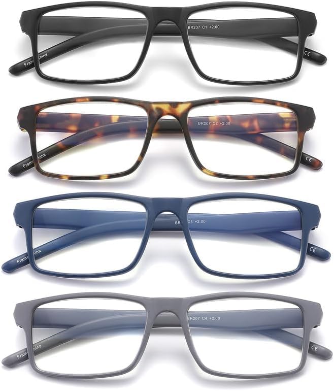 4 Pack Reading Glasses Blue Light Blocking for Men Women,Rectangular Frame Computer Readers with Spring Hinge,Reading Glasses for Men Women，Anti Eyestrain/UV Ray Eyeglasses (1.25x)