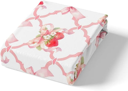 Strawberry Bow Bedding Set Twin Size Fairy Princess Bowknot Crossed Grids Patchwork Bed Set for Teens Kids Sweet Tropical Fruits Dreamy Pink White Bed Cover(1 Fitted Sheet+1 Pillow Case)