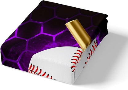 Manfei Baseball Sheet Set Queen Size, Ball Gaming Sports Themed Bedding Set for Kids Boy Teen Room Decor, Purple Honeycomb Bed Sheet Set 4pcs with Deep Pocket Fitted Sheet + Flat Sheet + 2 Pillowcases