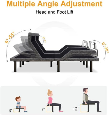 MUUEGM Adjustable Bed Base Frame, Ergonomic Electric Bed Bases with Wireless Remote Control and Head-Pillow-tilt, USB A&C, Massage, Zero Gravity, Anti-Snore, Split King