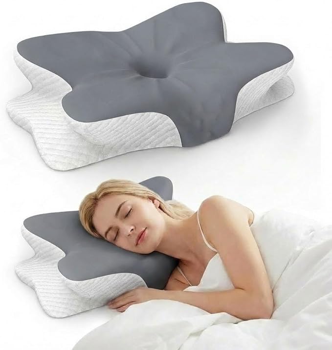 Cervical Neck Pillow for Pain Relief-Ergonomic Side Sleeper Pillow，Cooling Memory Foam Pillows for Neck Support,Contour Orthopedic Pillows for Back Stomach Sleepers (Grey&White 2)