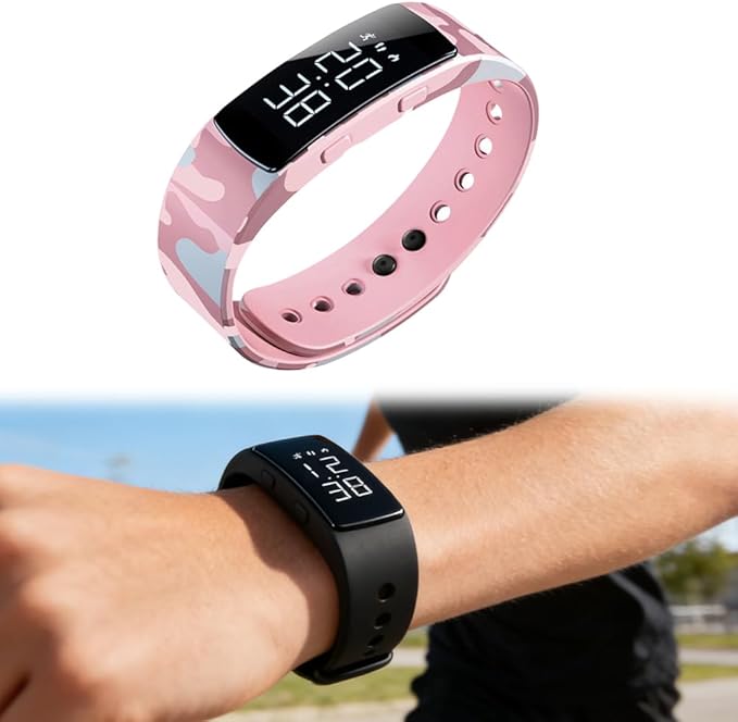 Vibrating Alarm Reminder Watch, 2026 Upgraded Silent Bracelet Wearable Wrist Alarm Clock for Step Counter, Vibration, Stopwatch Timer, 2-Set Alarm Clock Design for Deep Sleepers (Camouflage Pink)