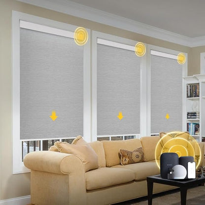 Motorized Blinds with Valance Cover Upgraded Smart Grasscloth Fabric Electric Remote Control Automatic Roller Shades for Windows Work Alexa Google Home, Gray, 31''W x 72''H (SM100)