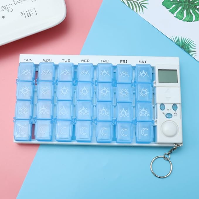 Didiseaon 7 Days Pill Dispenser Organizer with Reminder Alarm - Blue Pill Organizer with 28 Compartments for Weekly Medication Management
