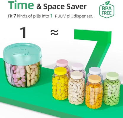 PULIV Portable Pill Dispenser Bottle, Vitamin Organizer with 7 Compartments, Holds Plenty of Supplements with Anti-Mixing & Wide Openings Design, Easy to Retrieve Meds, Includes 20 Labels Cyan
