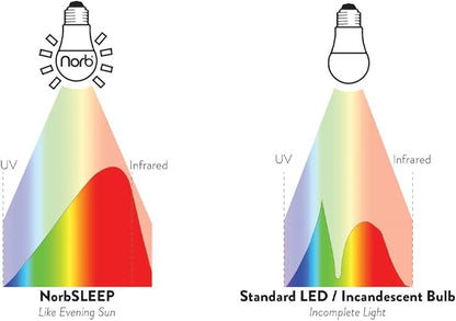 Norb NorbSLEEP Low-Blue Sleep Light Bulb – Melatonin-Boosting Nighttime LED for Restful Sleep – for Babies, Kids, & Adults – 9W A19 Dimmable, Natural Evening Spectrum, White Not Amber (1-Pack)