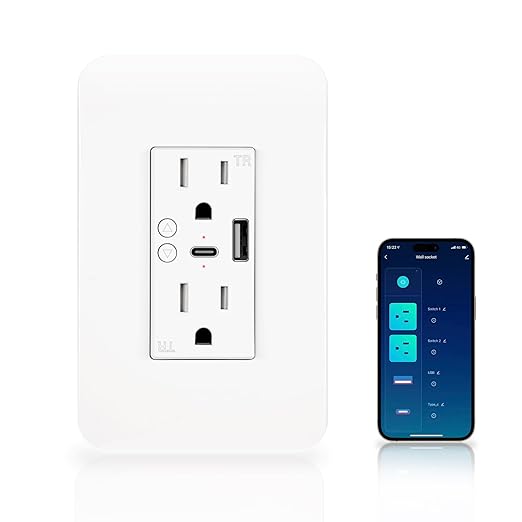 WiFi Smart Plug,in-Wall Smart Home Outlet Compatible with Alexa,Google Assistant,Timer Via App,USB + Type-C Port,Partition Remote Control Smart Socket