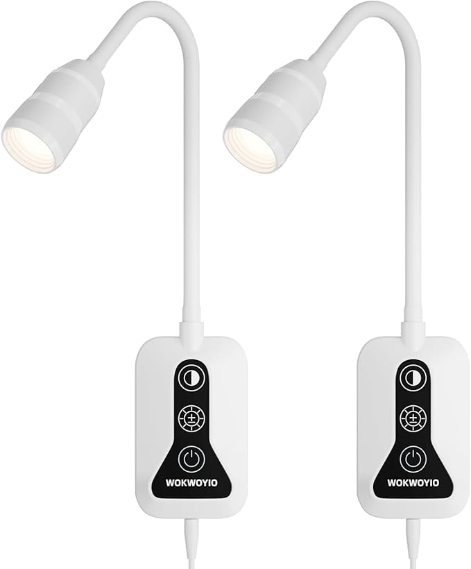 Wall Mounted Reading Light with Hand Sweep Sensor Switch, Book Light for Reading with USB Output, 5 Color & Brightness Dimmable Bedside Light, Wall Lamp with Flexible Neck - White 2 Pack